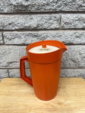 Vintage Orange Plastic Pitcher with Lid - Home Kitchen